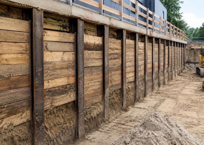 Berlinerwand-constructie-bouwput-grondkering Berlinerwand constructie met stalen H-profielen en houten invulling als grondkering bij een bouwput
