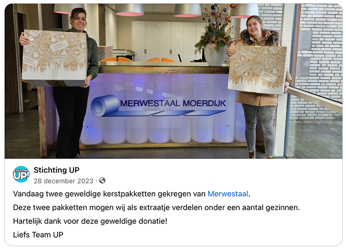 Merwestaal doneert kerstpakketten aan Stichting Up 2023
