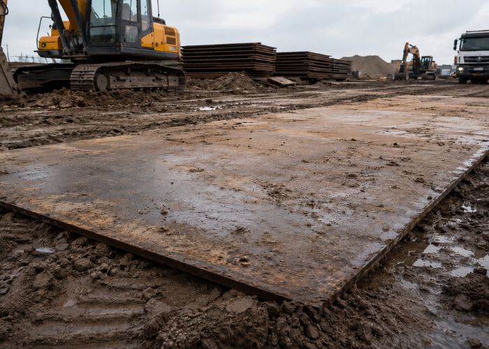 scheepshuid-als-rijplaat-bouwterrein-tijdelijke-verharding-1 Scheepshuid gebruikt als rijplaat voor tijdelijke verharding op een modderig bouwterrein.